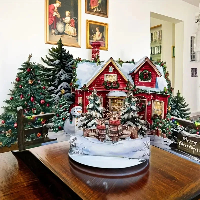 Pop-Up Christmas Card – Snowy Winter House with Gingerbread Design & Envelope Included