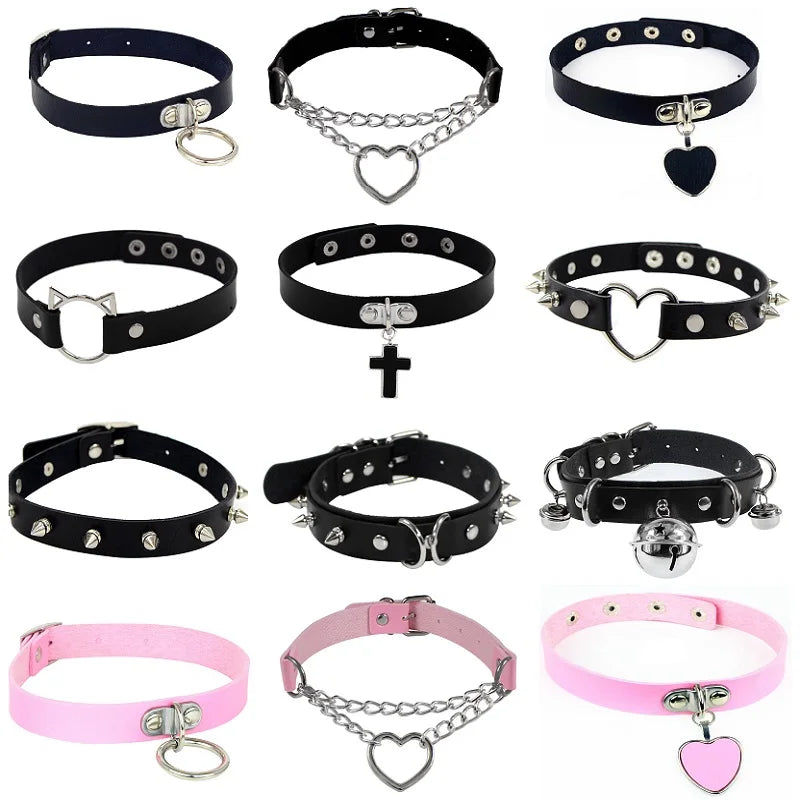 PU Leather Gothic Choker Collar Necklace - Punk Rivet Spike Bell Ring Cosplay Jewelry for Parties and Costumes
