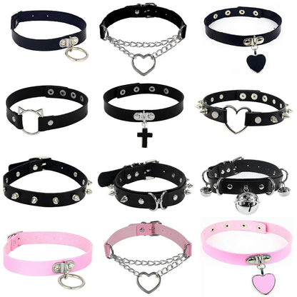 PU Leather Gothic Choker Collar Necklace - Punk Rivet Spike Bell Ring Cosplay Jewelry for Parties and Costumes