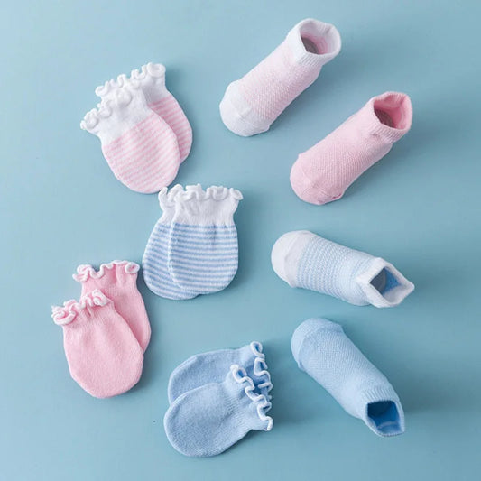 4-Pair Baby Socks & Gloves Set – Solid Color, Soft Cotton, Elastic Infant Toddler Ruffle Mittens for Newborn Girls & Boys