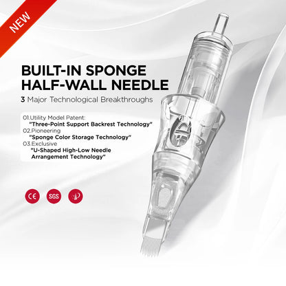 10PCS U14/0.18-ST Universal Tattoo Cartridge Needles with Built-in Sponge – Half-Wall Needles for Eyebrow & Lip Tattoo Machines