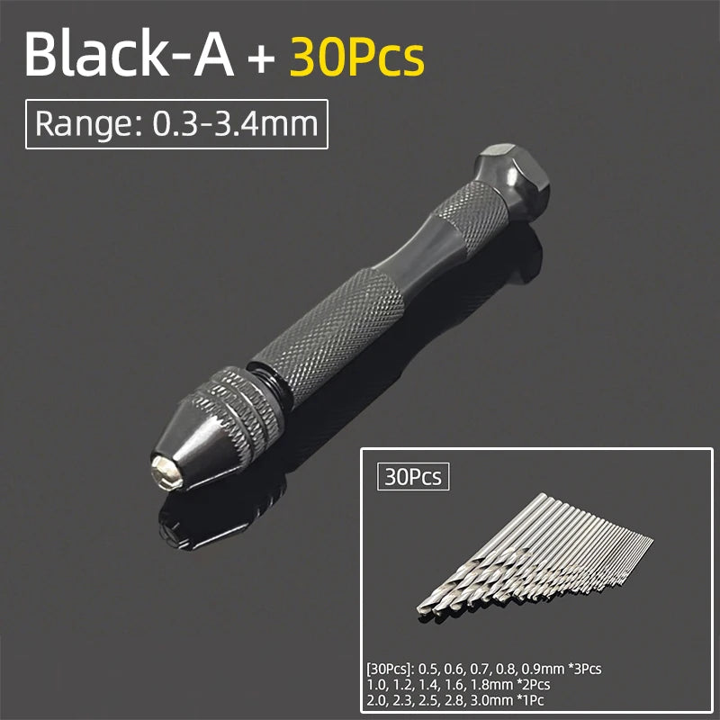 Mini Aluminum Hand Drill 0.3–3.4mm – Keyless Chuck Micro Rotary Tool with HSS Twist Drill Bit Set for Wood & DIY Crafts
