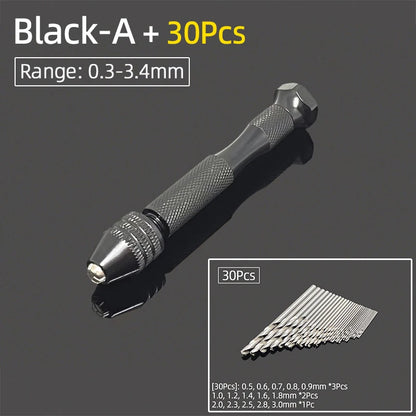 Mini Aluminum Hand Drill 0.3–3.4mm – Keyless Chuck Micro Rotary Tool with HSS Twist Drill Bit Set for Wood & DIY Crafts