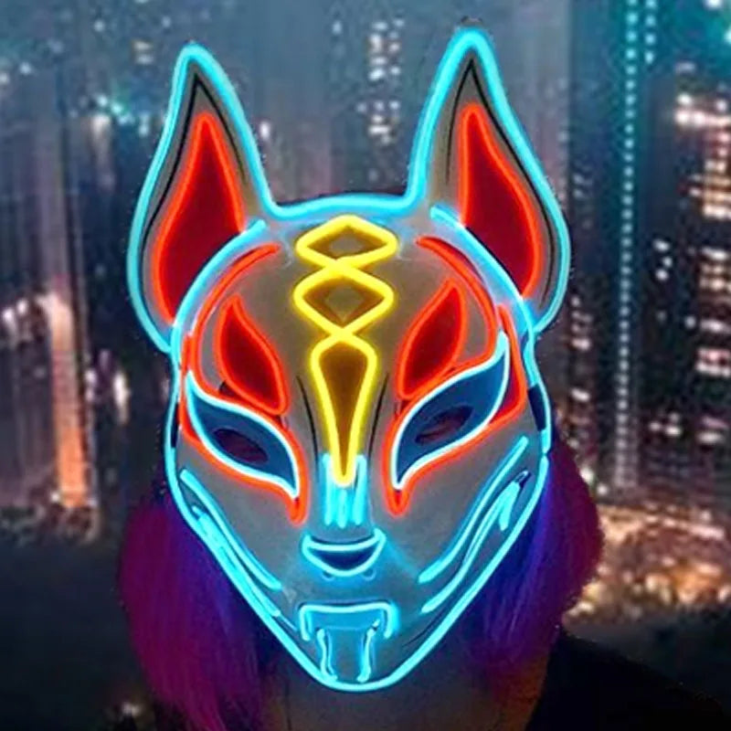 Glowing LED Fox Mask – Neon Japanese Anime-Inspired Samurai Cosplay Mask for Halloween, Christmas & Costume Parties