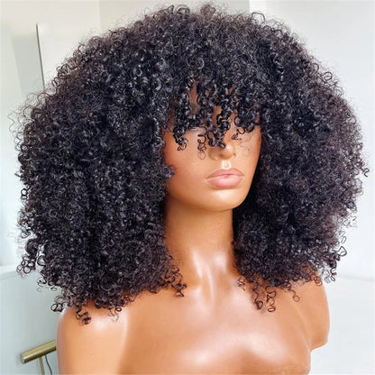 Mongolian Afro Kinky Curly Wig with Bangs – Glueless Remy Brazilian Short Curly Human Hair Wig