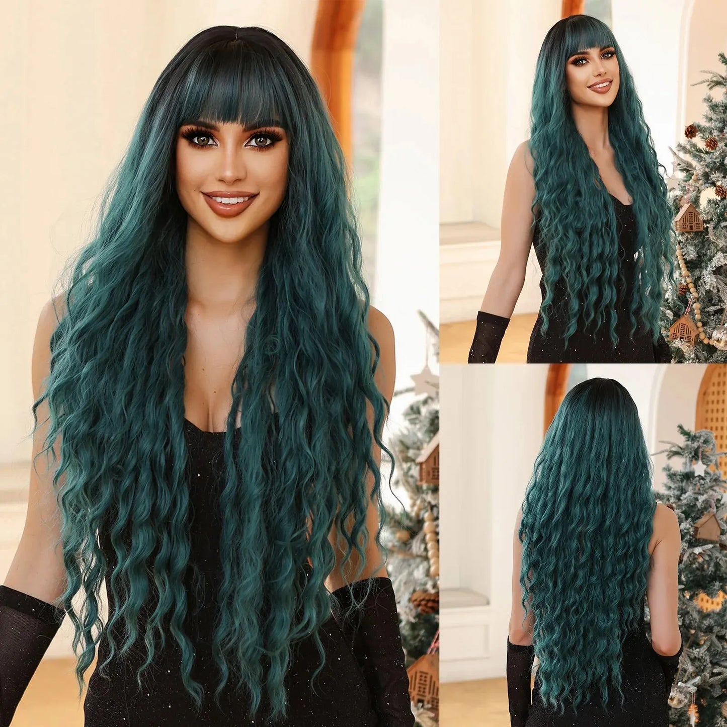 Long Orange Water Wave Wig for Women — Synthetic Wavy Hair with Bangs, Heat-Resistant for Cosplay & Party