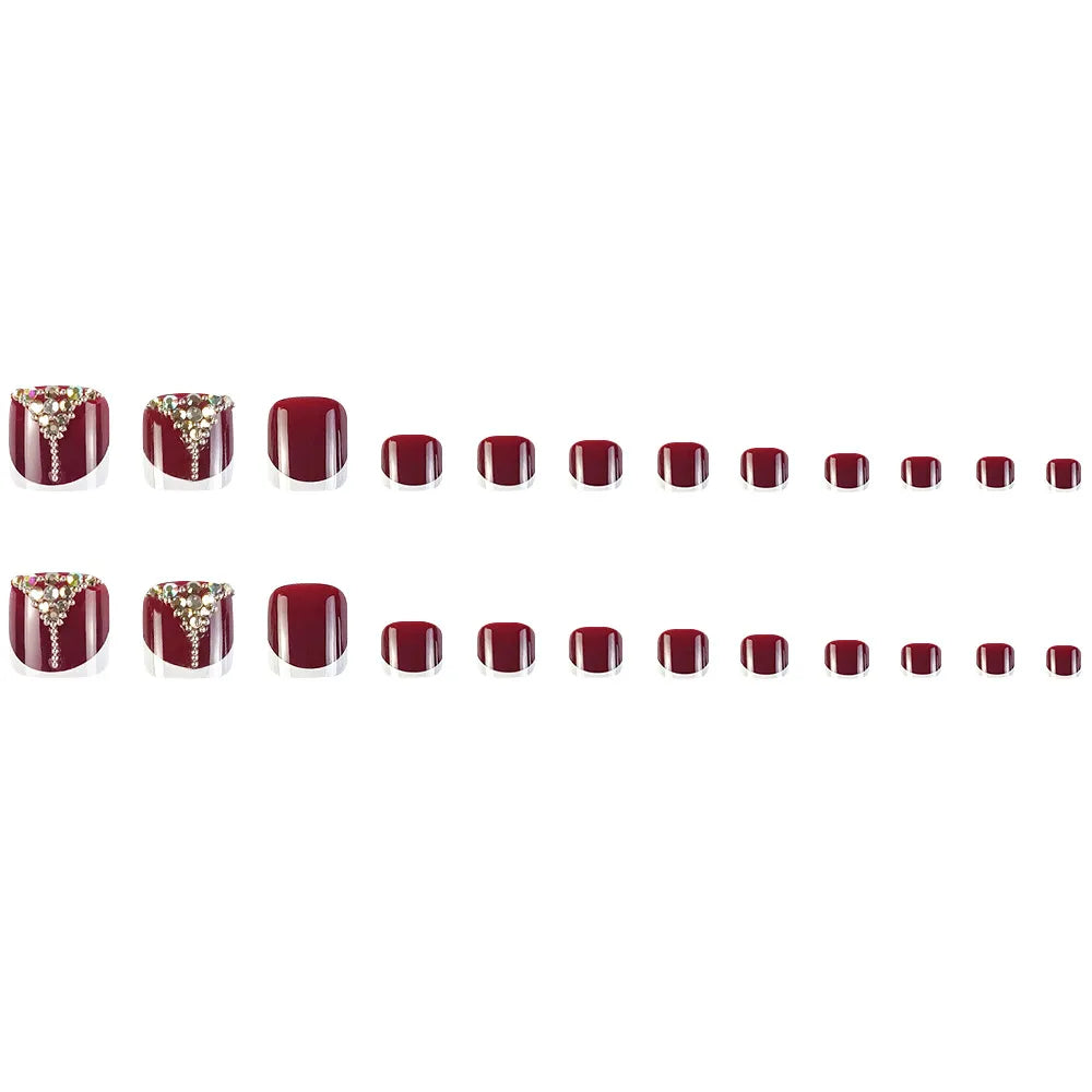 24pcs Retro Red False Toenails: Gold Crystal French Design - Full Cover Square Head Artificial Toe Nails, Wearable & Detachable
