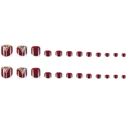 24pcs Retro Red False Toenails: Gold Crystal French Design - Full Cover Square Head Artificial Toe Nails, Wearable & Detachable