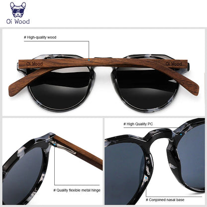 Oi Wood Round Sunglasses — Walnut Wood Frames with Red Lens & Tortoise Shell Design for Men & Women