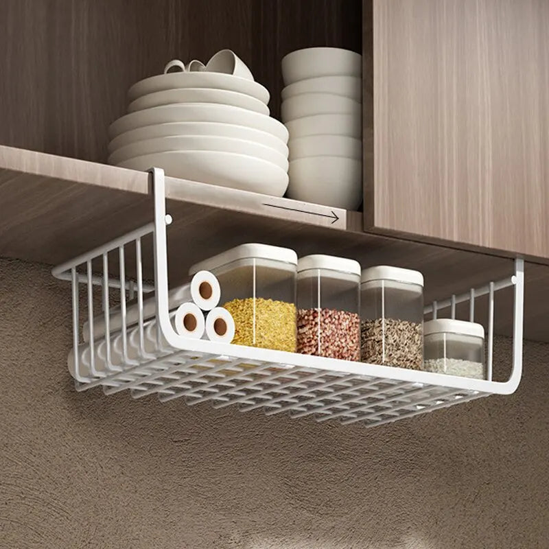 Premium White/Black Iron Hanging Net Basket - 1pc | Large Capacity Kitchen Storage | Under Cabinet, Wall, Wardrobe Organizer