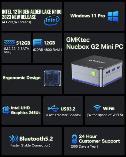 GMKtec G2 Mini PC – Intel 12th Gen Alder Lake N100, Windows 11 Pro, 12GB DDR5 RAM, 512GB SSD, WiFi 6 & BT5.2 Desktop Computer