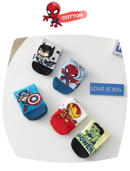 5 Pairs Spiderman Cotton Socks for Kids – Iron Man, Hulk, Thor Anime Boys Short Socks, Cartoon Baby Spring & Summer Footwear