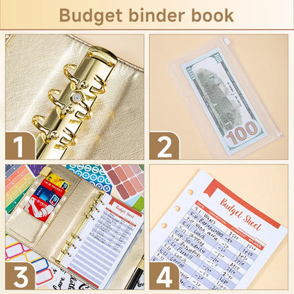 A6 Gold Ring Budget Planner Binder – Gold, Purple & Black with Zipper Cash Envelopes for Money Organization