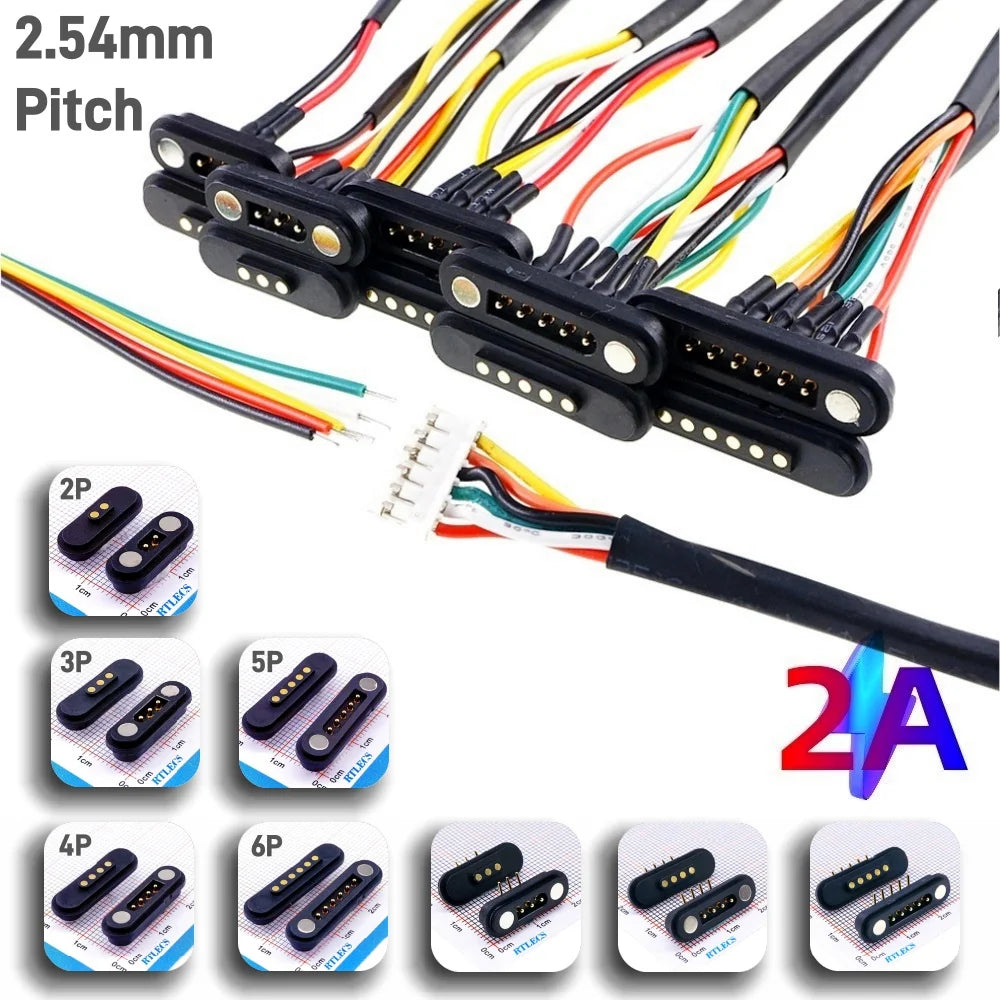 2A Waterproof Magnetic Pogo Pin Connector – 2.54mm Spring-Loaded DC Power Socket, 2-6 Positions