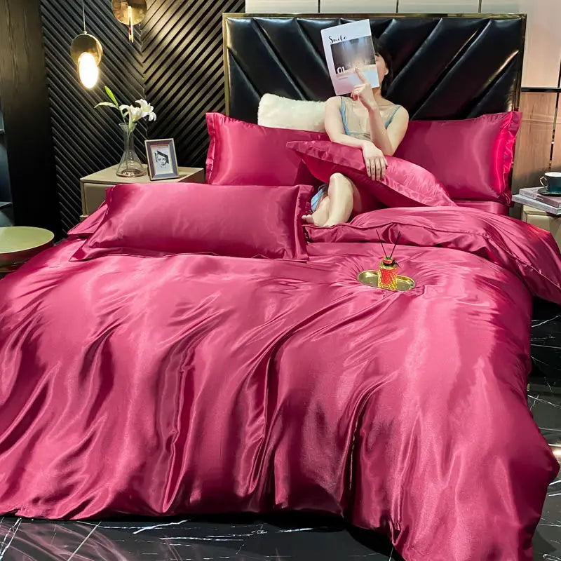 Solid Rayon Silk Bedding Set - Luxury Satin Duvet Cover Bed Sheet Pillowcase Set For King Single Double Couple Beds