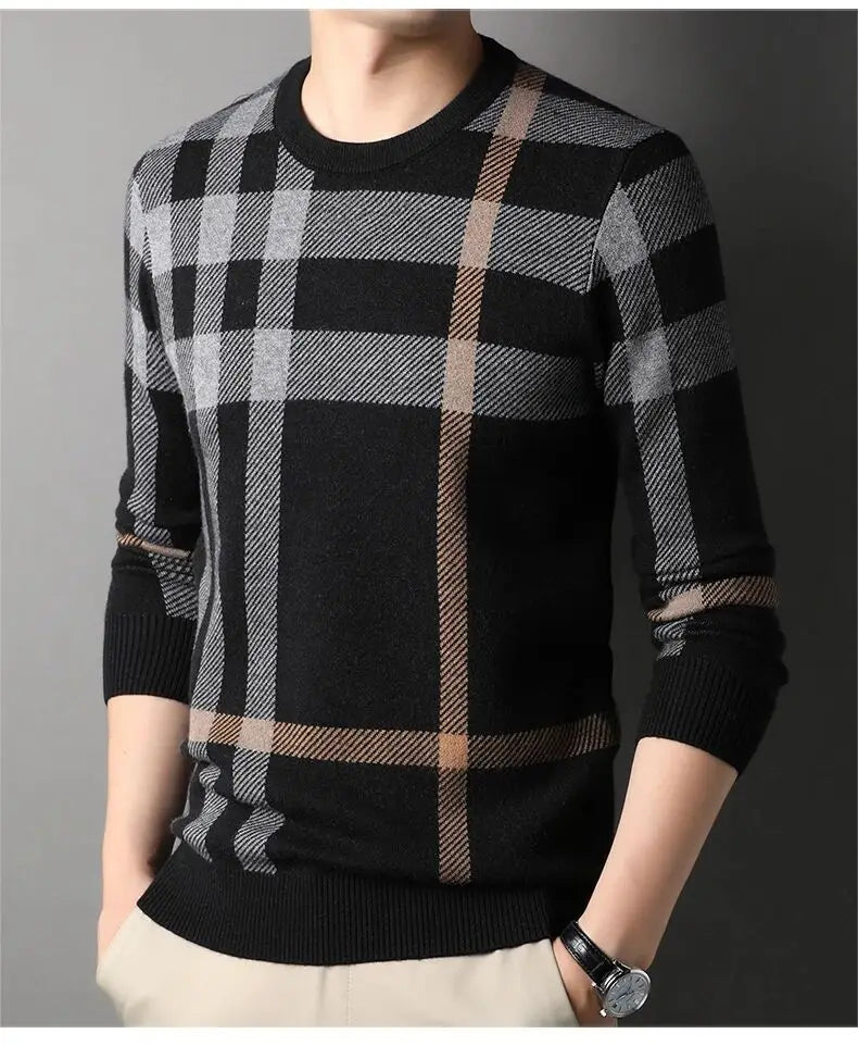 Luxury Men’s Knitted Wool Pullover – Autumn Winter O-Neck Striped British Casual Sweater