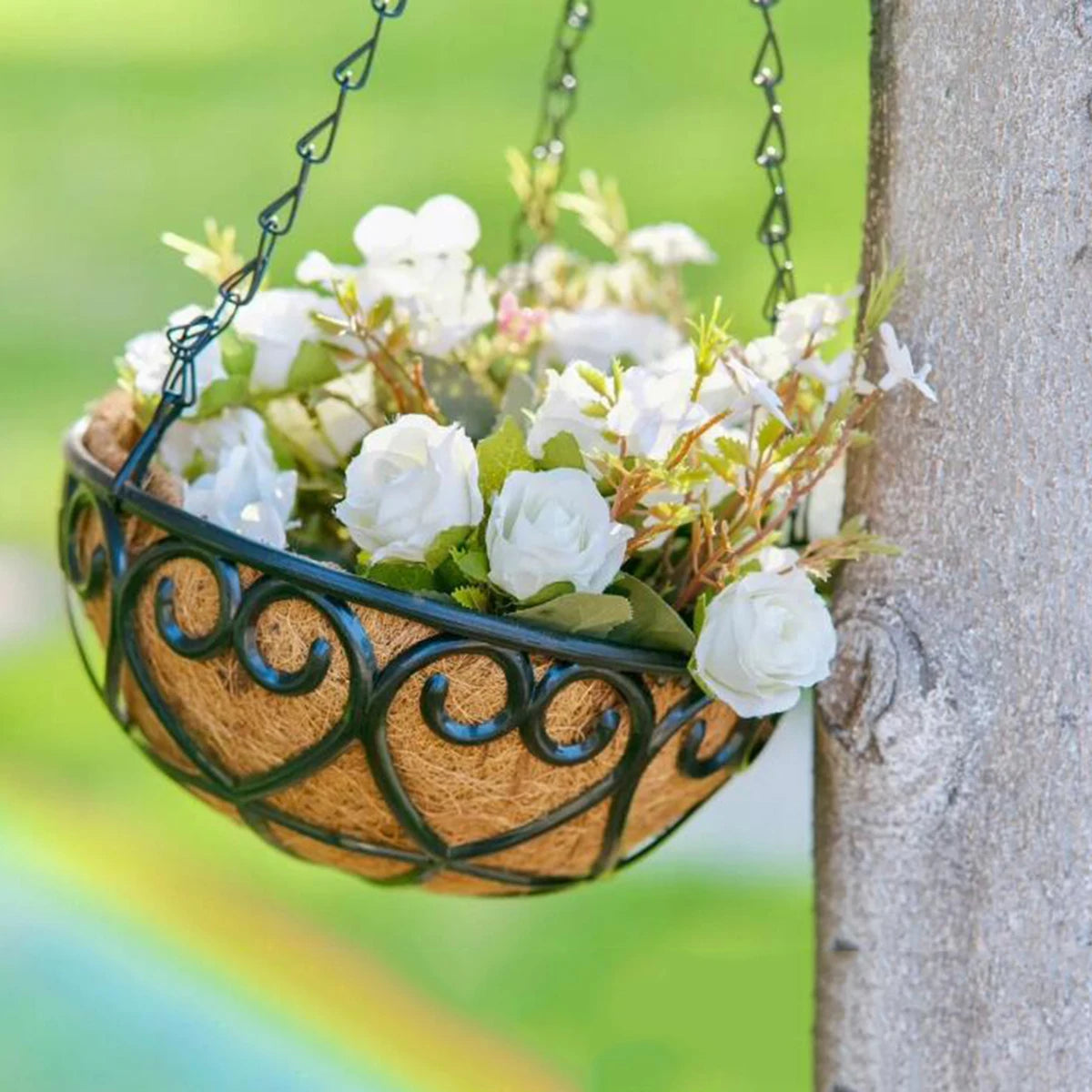 Coconut Brown Round Iron Chain Hanging Basket – European Style Flowerpot for Succulents & Chlorophytum Comosum Plants