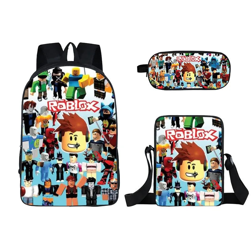 Kids Roblox 3-in-1 Backpack Set — School Bookbag, Shoulder Bag & Pencil Case Waterproof Travel Bag for Teens