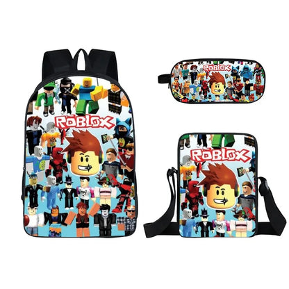 Kids Roblox 3-in-1 Backpack Set — School Bookbag, Shoulder Bag & Pencil Case Waterproof Travel Bag for Teens