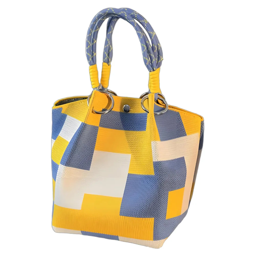 Women’s Color Block Knit Tote Bag – Bucket Style Storage Bag with Adjustable Straps, Metal Rings, Snap Closure for Casual Travel