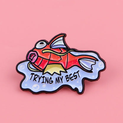 Trying the Fish Enamel Pin - Cute Cartoon Fish Metal Brooch Badge for Clothing, Bags and Gifts