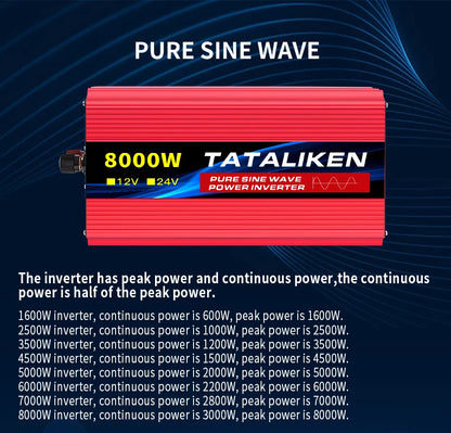 Pure Sine Wave Inverter 5000–10000W – 12V DC to 110V AC Portable Solar & Car Power Converter