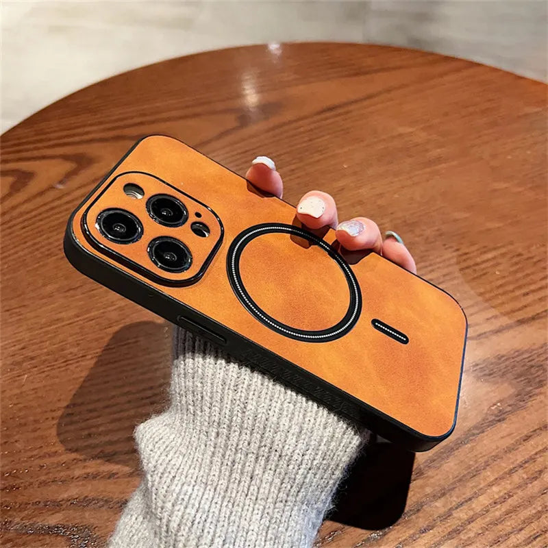 Luxury Cortex Leather Magnetic Phone Case - Wireless Charging Shockproof Bumper Cover for iPhone 12, 13, 14, 15, 16 & 17 Pro Max
