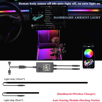 2-in-1 Dynamic Neon RGB Car LED Ambient Lighting – Auto OFF 60s Module for Tesla Model 3 & Y Dashboard Decoration