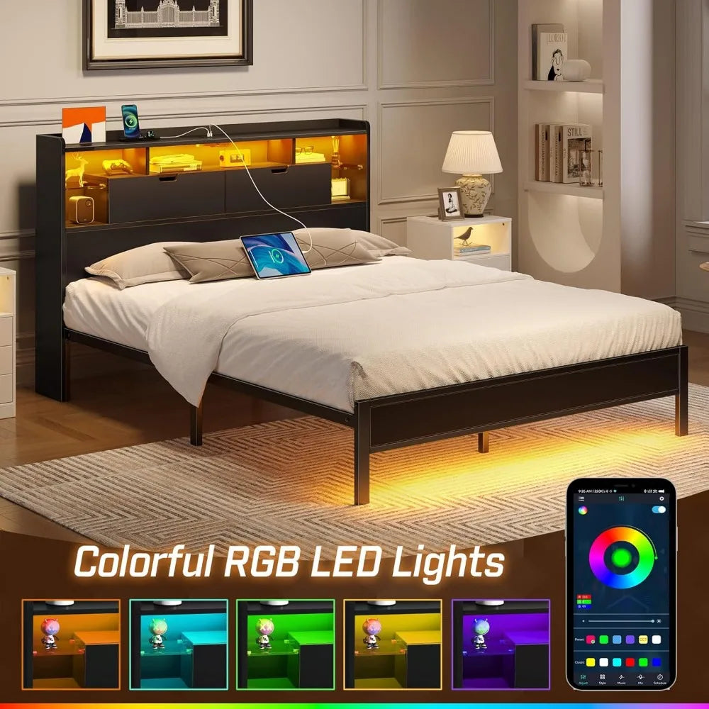 Rolanstar Full Size Metal Bed Frame with LED Headboard, Bookcase Storage, Charging Station & Glass Shelf
