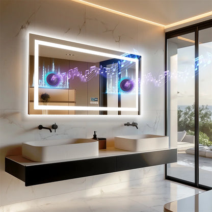 LUVODI Bluetooth LED Bathroom Mirror – Large Anti-Fog Lighted Vanity Mirror with 3-Color Modes