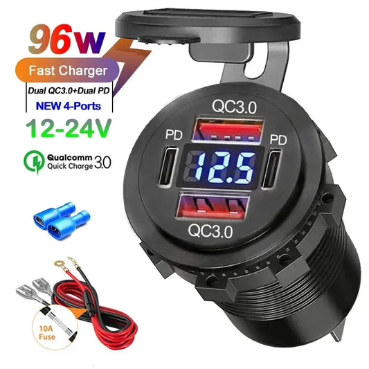 96W Dual USB Car Charger - PD & QC3.0 Fast Charging Socket with Voltmeter for 12V/24V Cars, Trucks, Boats & Motorcycles