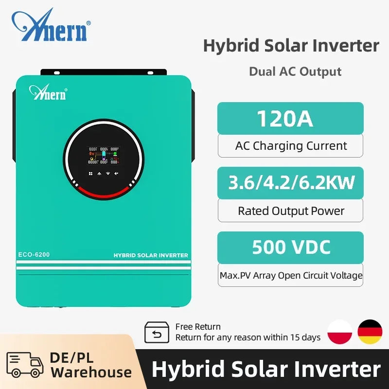 Solar Off-Grid Hybrid Inverter 3600W/4200W/6200W - MPPT Controller 24V/48V/220V, 120A, for Hybrid Solar Systems