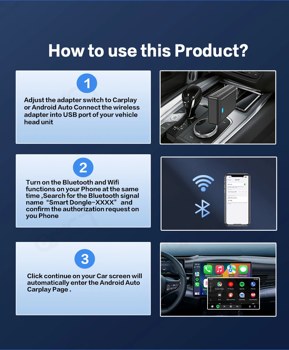 Wireless CarPlay Adapter – 2-in-1 Android Auto Smart Dongle for Volvo, Benz, Cadillac, Jeep, Lexus, Buick, Audi, Mazda, VW, Kia