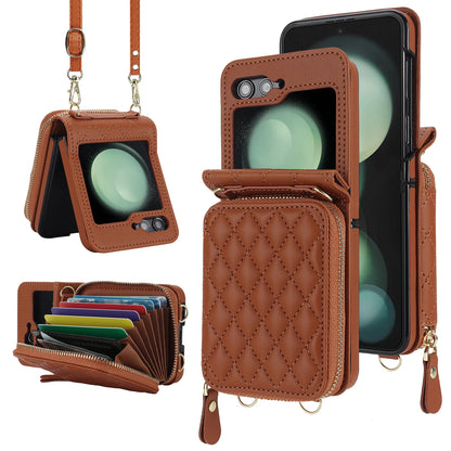Crossbody Zipper Leather Case for Samsung Galaxy Z Flip 5/4/3/5G - Cards Slot, Long Lanyard Pocket Bag Wallet Cover, Flip4/Flip5 Compatible