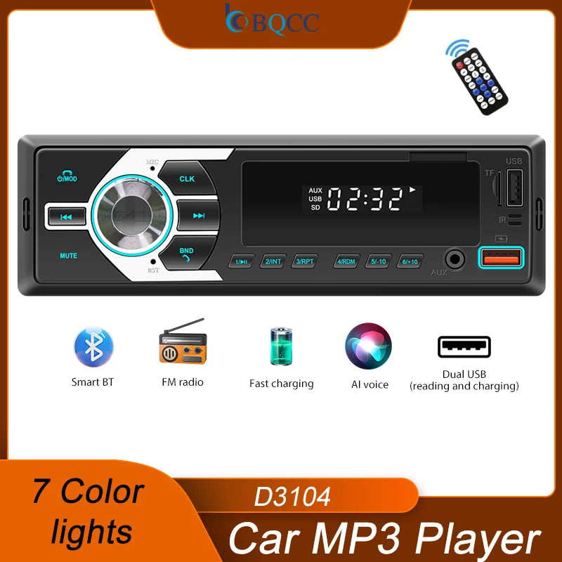BQCC 1 Din Bluetooth Car Stereo - MP3 FM Radio with USB, TF, AUX, Dual USB & 7-Color LED Lights