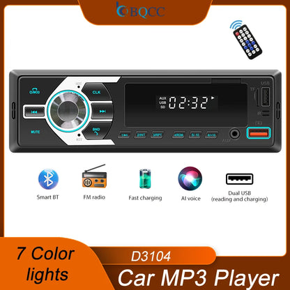 BQCC 1 Din Bluetooth Car Stereo - MP3 FM Radio with USB, TF, AUX, Dual USB & 7-Color LED Lights