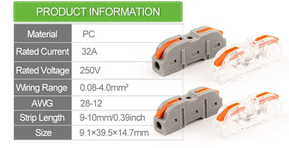 34/50PCS Lever Wire Connectors – Quick Connection for 28-12 AWG, 1-to-1 In-Line Insulated Splice Terminals
