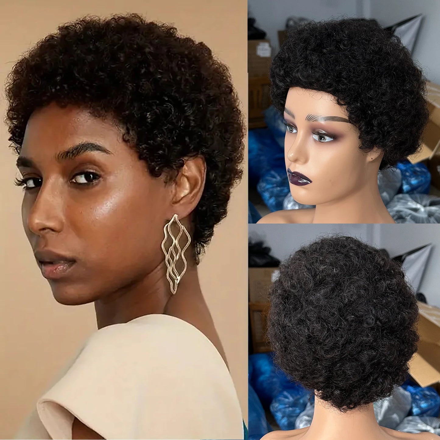Brazilian Short Pixie Cut Wig - Human Hair Afro Kinky Curly Full Machine-Made Wig for Women
