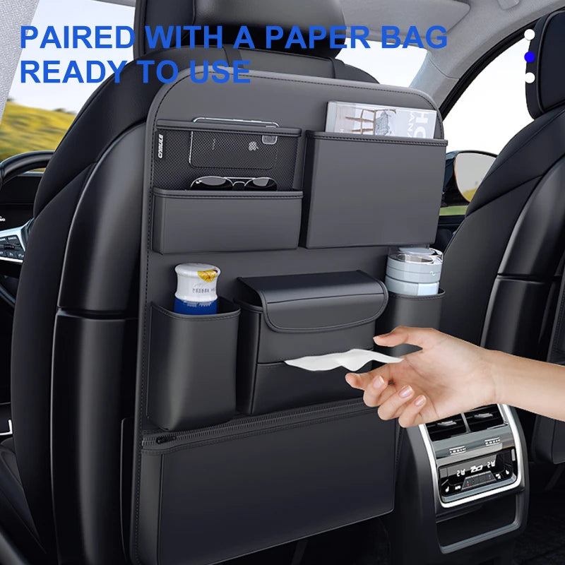 SEAMETAL Car Seat Back Storage Bag – PU Leather Auto Organizer with Tissue Box, Multifunctional Car Storage Accessory
