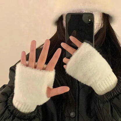 New Mink Fleece Half Finger Gloves for Women - Soft Winter Warmth | Luxury Solid Color Plush Knitted Fingerless Gloves