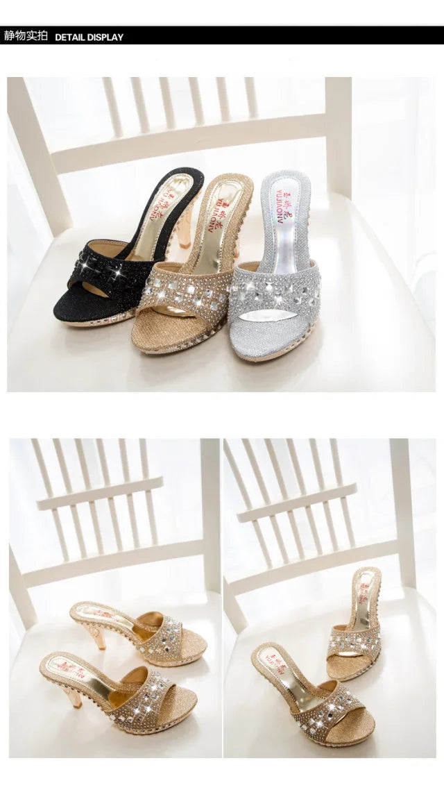 Women’s Summer Rhinestone High Heel Sandals – Sexy Gold & Silver Heeled Shoes