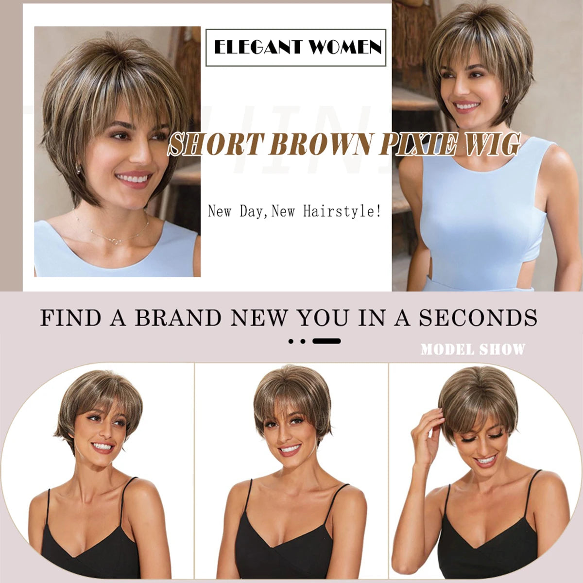 Brown Short Layered Pixie Cut with Blonde Highlights – Natural-Looking Synthetic Wig for White Women