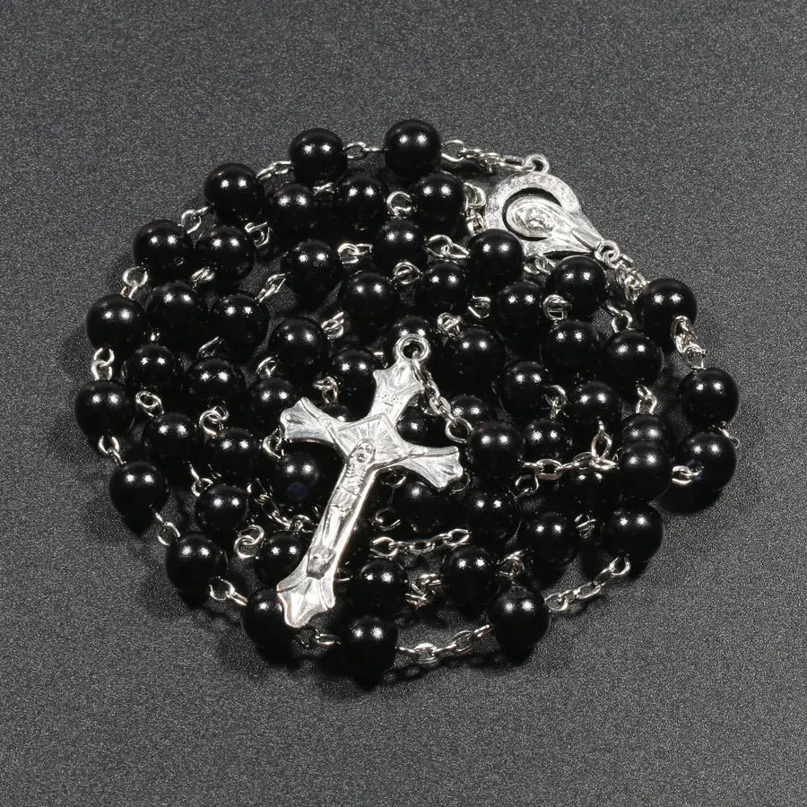 Faux Pearl Rosary Necklace – Virgin Mary & Jesus Cross Pendant Long Bead Chain Religious Fashion Jewelry for Women