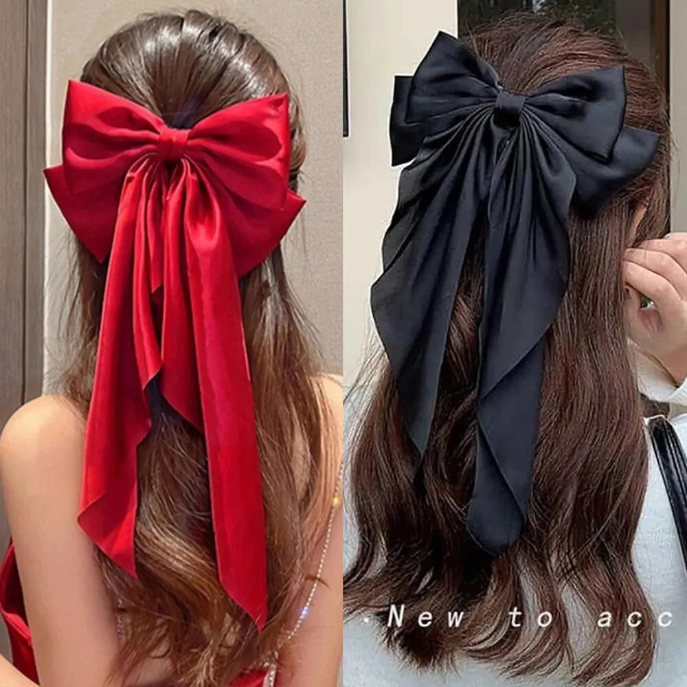 2PCS Elegant Bow Ribbon Hair Clips – Simple Solid Satin Spring Clip Hair Pins, Headband with Clips – Girls Hair Accessories