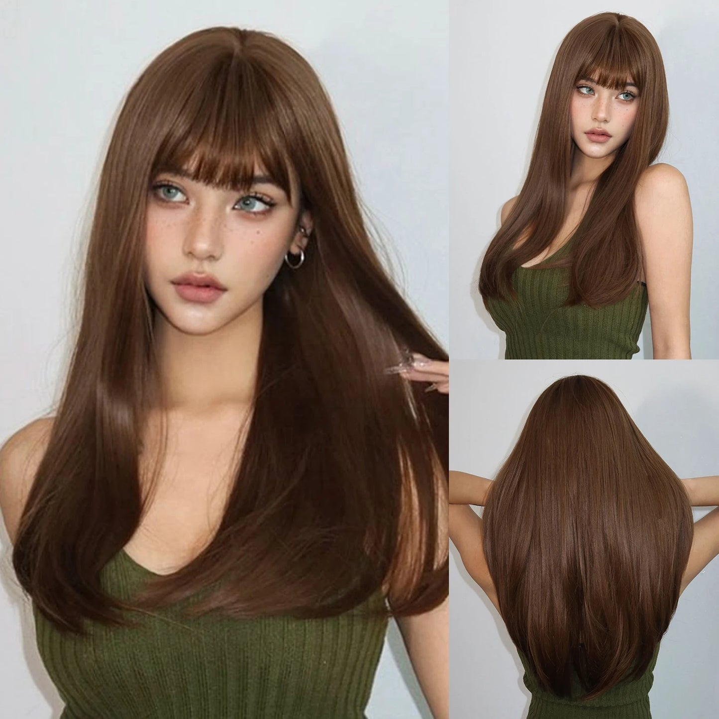 ALAN EATON Blonde Layered Synthetic Wig with Bangs – Long Straight Heat-Resistant Wig for Women & Girls, Natural Daily Hair