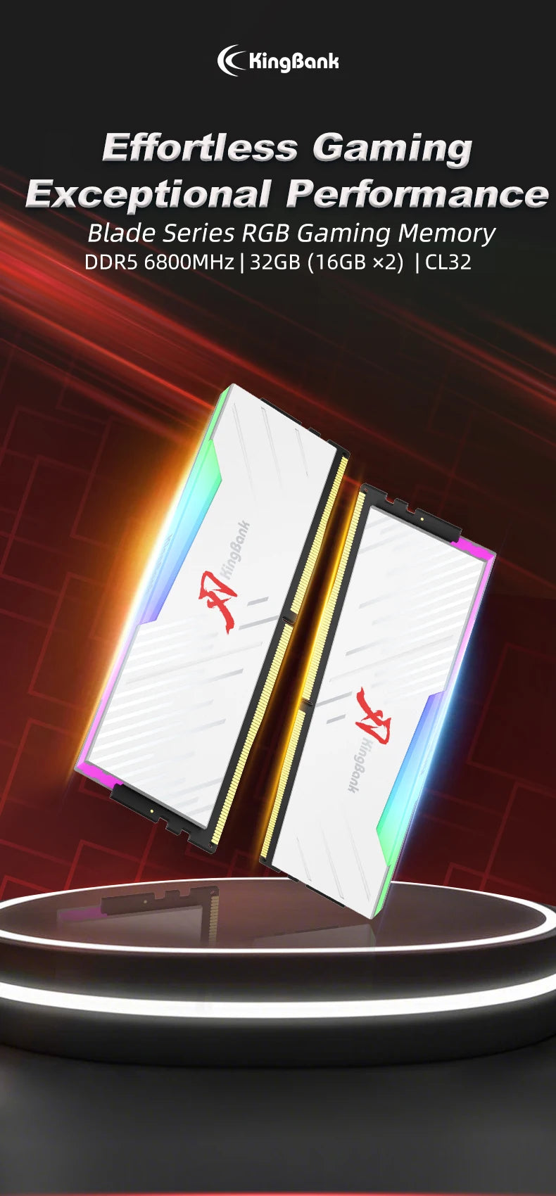 KingBank DDR5 RGB White Memory – 16GBx2/32GB 6800MHz Hynix A-Die UDIMM Dual Channel for Desktop PC