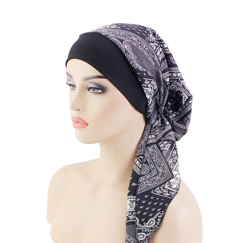 Women’s Pre-Tied Turban Cap – Muslim Hijab & Chemo Hair Loss Head Scarf with Flower Print Stretch Bandana