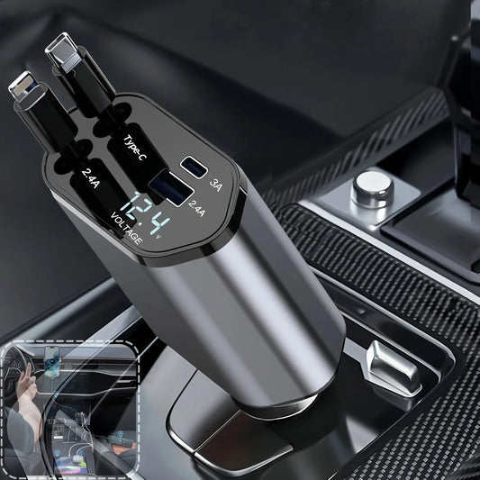 4-in-1 120W Retractable Car Charger – USB Type-C Fast Charging Cable for iPhone, Huawei, Samsung with Cigarette Lighter Adapter