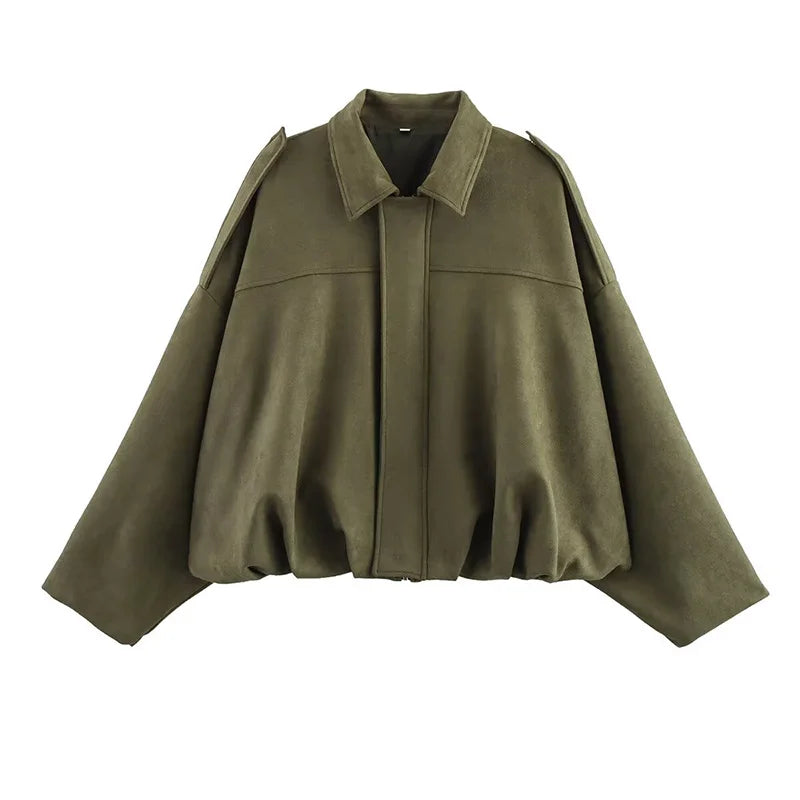 Women's Vintage Bomber Jacket Coat – Turn-Down Collar Long Sleeve Loose Fit Chic Fashion Outerwear