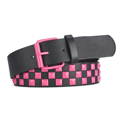 Personalized Rivets Checkerboard PU Leather Belt – 107CM Universal Hip-Hop Punk Fashion Belt for Men & Women